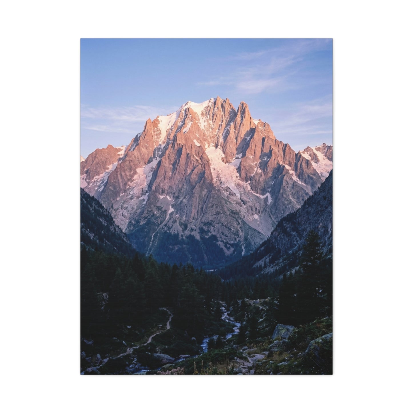 Sunlit Alpine Peak & Forest Valley Wall Art & Canvas Print