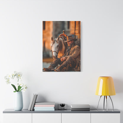 Cowboy Resting Beside His Horse Wall Art & Canvas Print