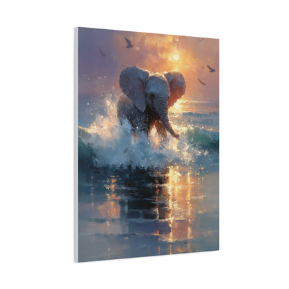 Baby Elephant Ocean Splash Wall Art & Canvas Print