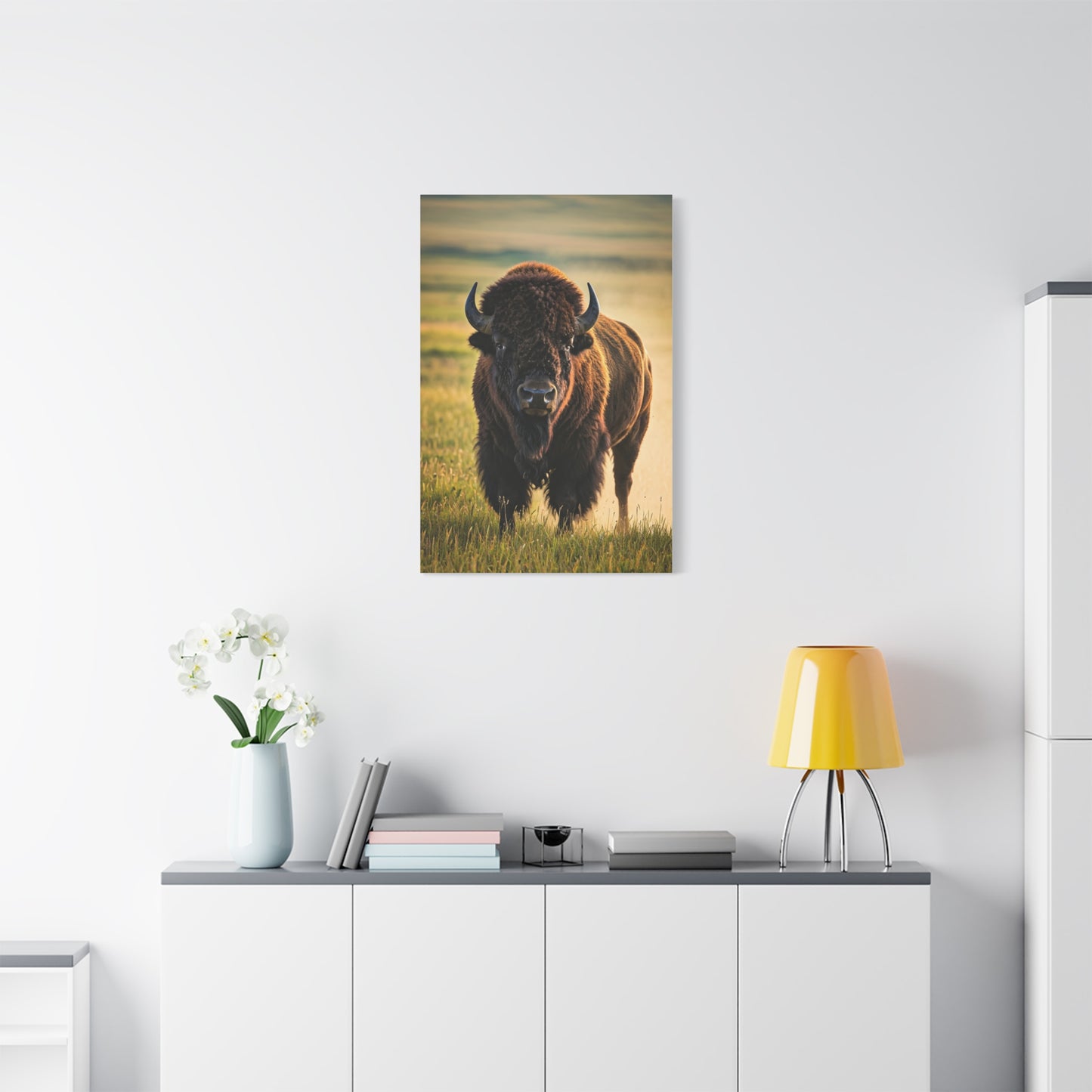American Baby Bison Walking Through Prairie Grass Wall Art & Canvas Print