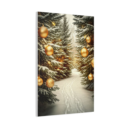 Snowy Pine Path With Golden Christmas Ornaments Wall Art & Canvas Print