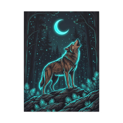 Moonlit Forest Wolf Neon Outline Scene Wall Art & Canvas Print