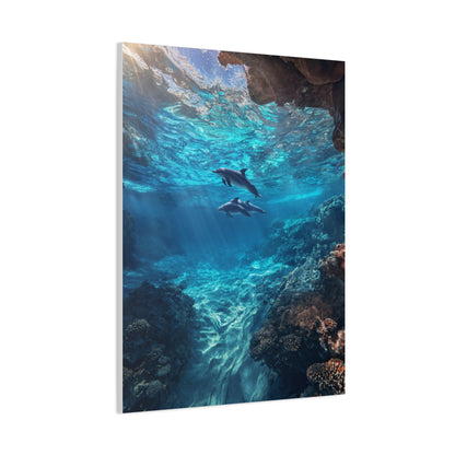 Dolphins Swimming Beneath Sunlit Ocean Waters Wall Art & Canvas Print