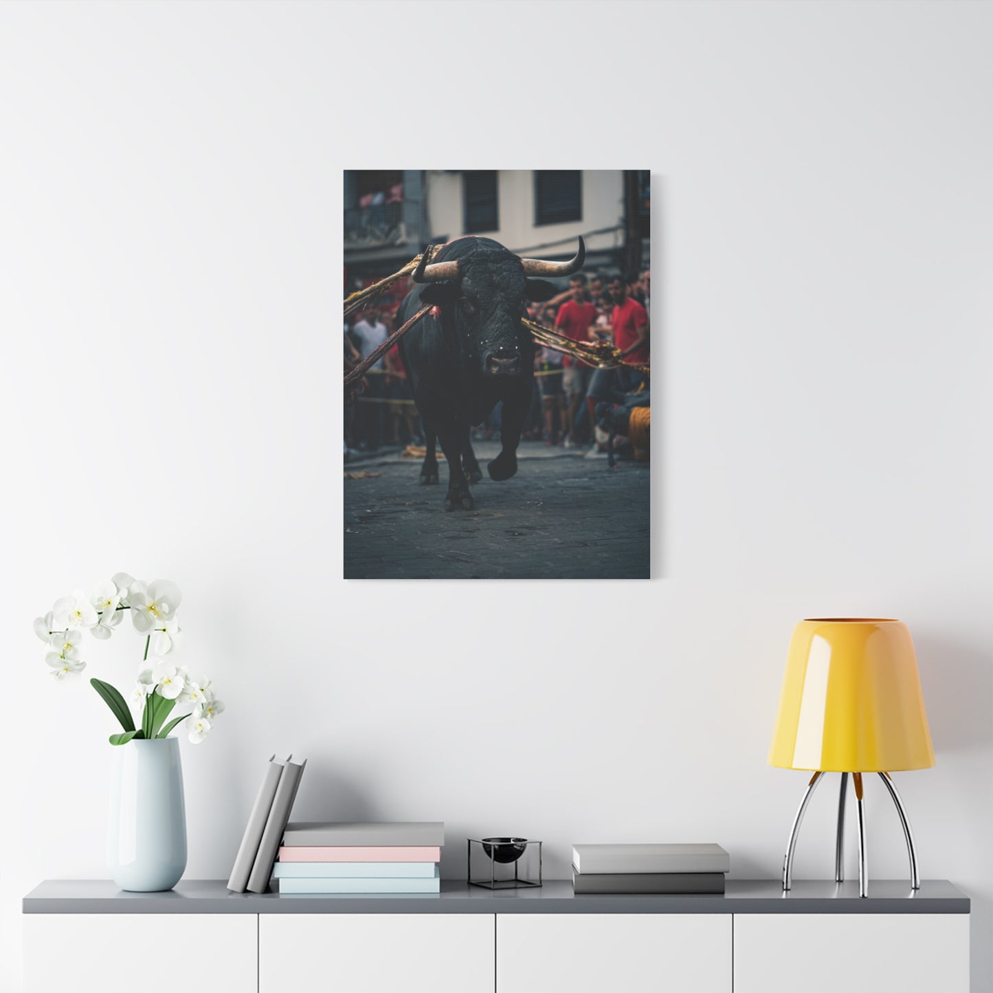 Bull Guided Through Festival Streets Wall Art & Canvas Print
