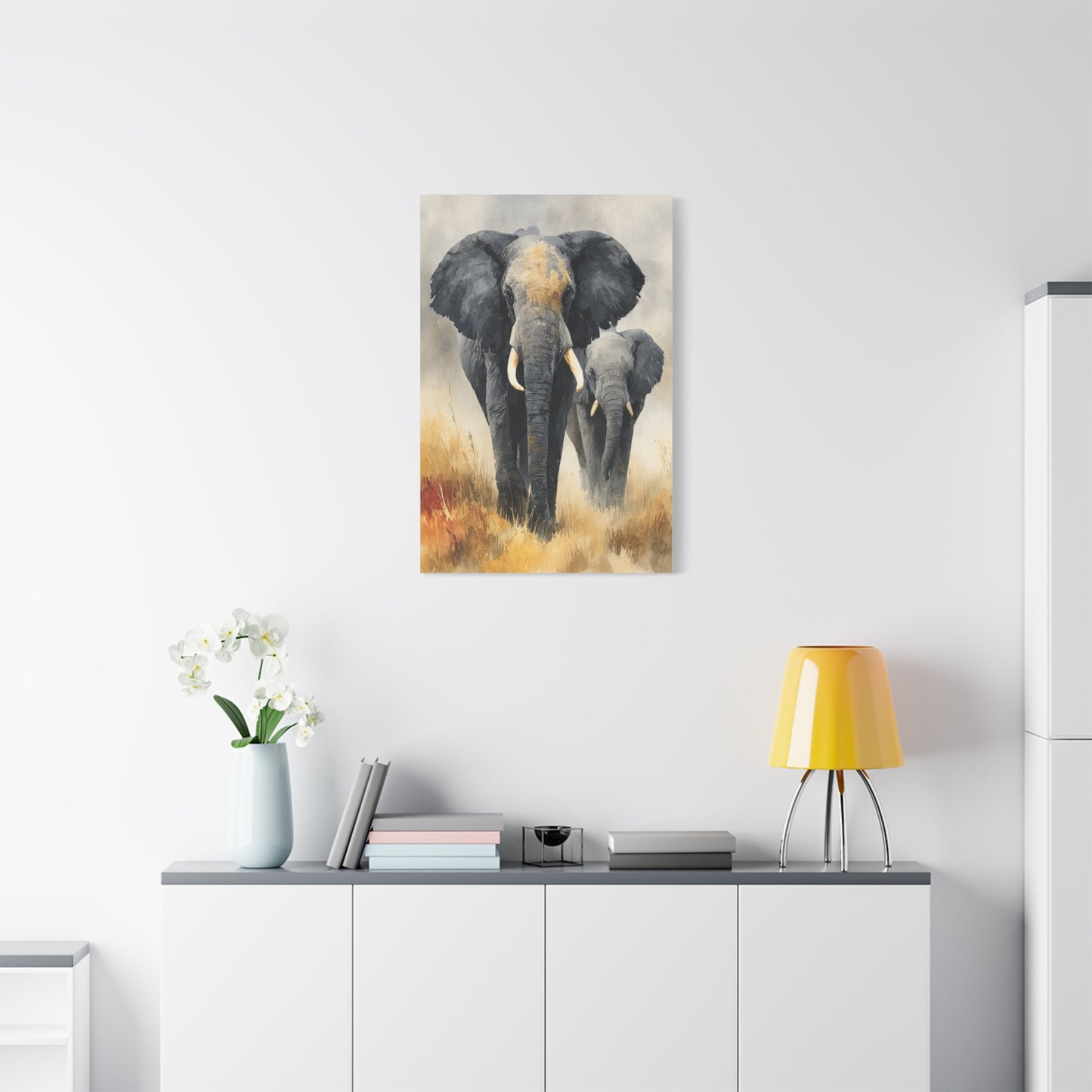Mother and Calf Elephant Watercolor Wall Art & Canvas Print