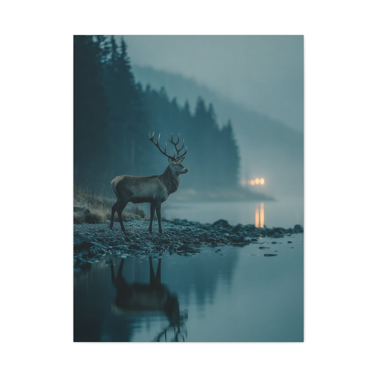 Blue Hour Lakeside Stag Reflection Wall Art & Canvas Print