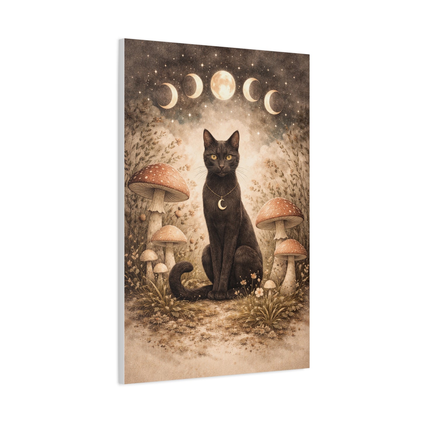 Mystical Boho Black Cat and Mushroom Night Scene Wall Art & Canvas Print