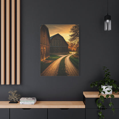 Country Road Between Rustic Barns at Golden Hour Wall Art & Canvas Prints