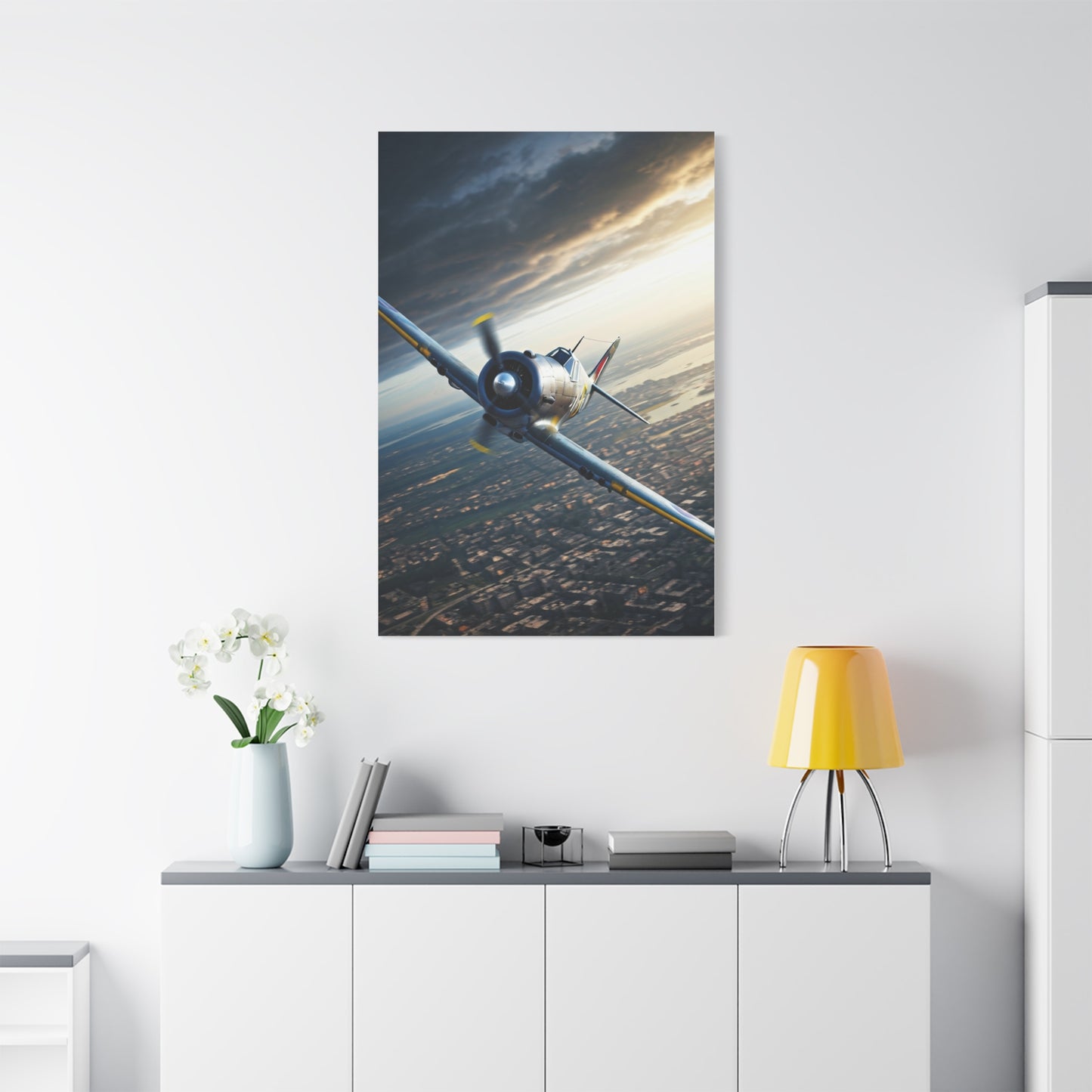 Vintage Fighter Dive Over the City Wall Art & Canvas Prints