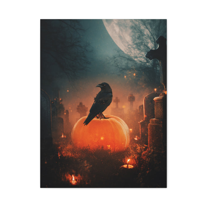 Crow on Pumpkin in Moonlit Graveyard Wall Art & Canvas Print