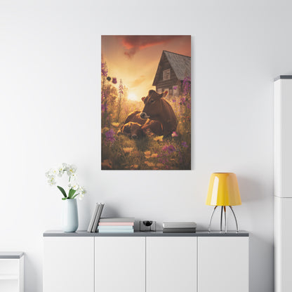 Sunset Farm Meadow Cow and Calf Wall Art & Canvas Print