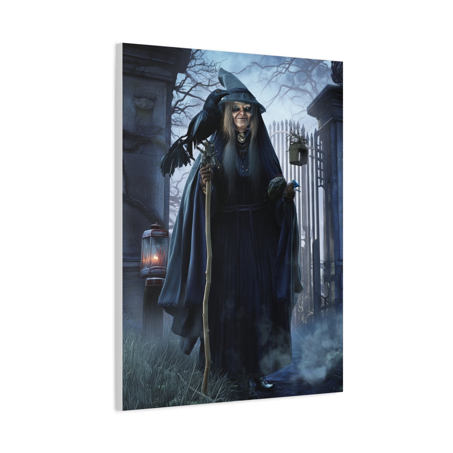 Witch with Raven at the Moonlit Cemetery Gate Wall Art & Canvas Print