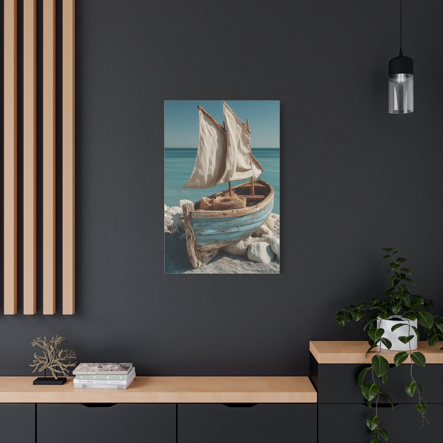 Driftwood Sailboat Coastal Sculpture Wall Art & Canvas Print