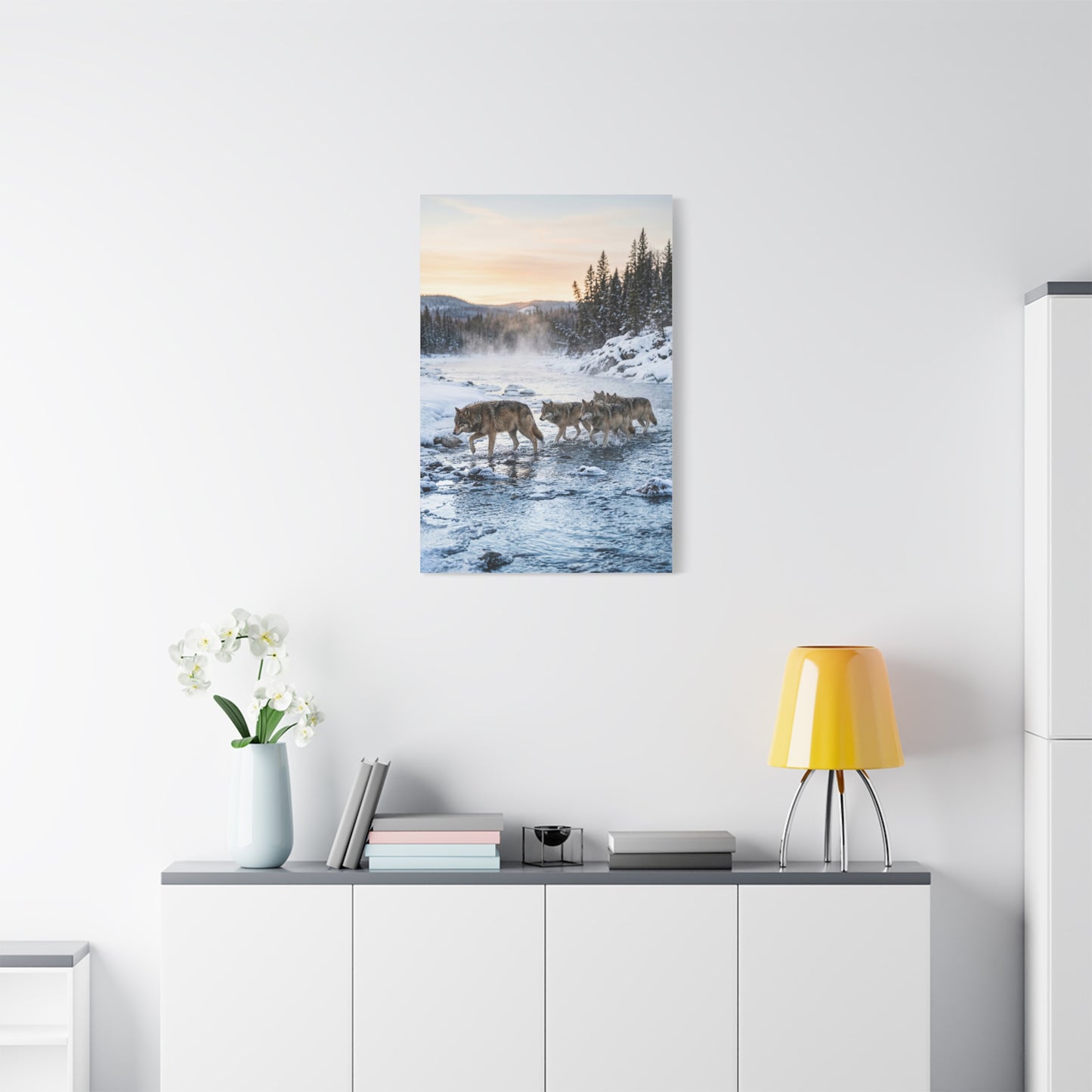 Winter River Wolf Pack Crossing Scene Wall Art & Canvas Print