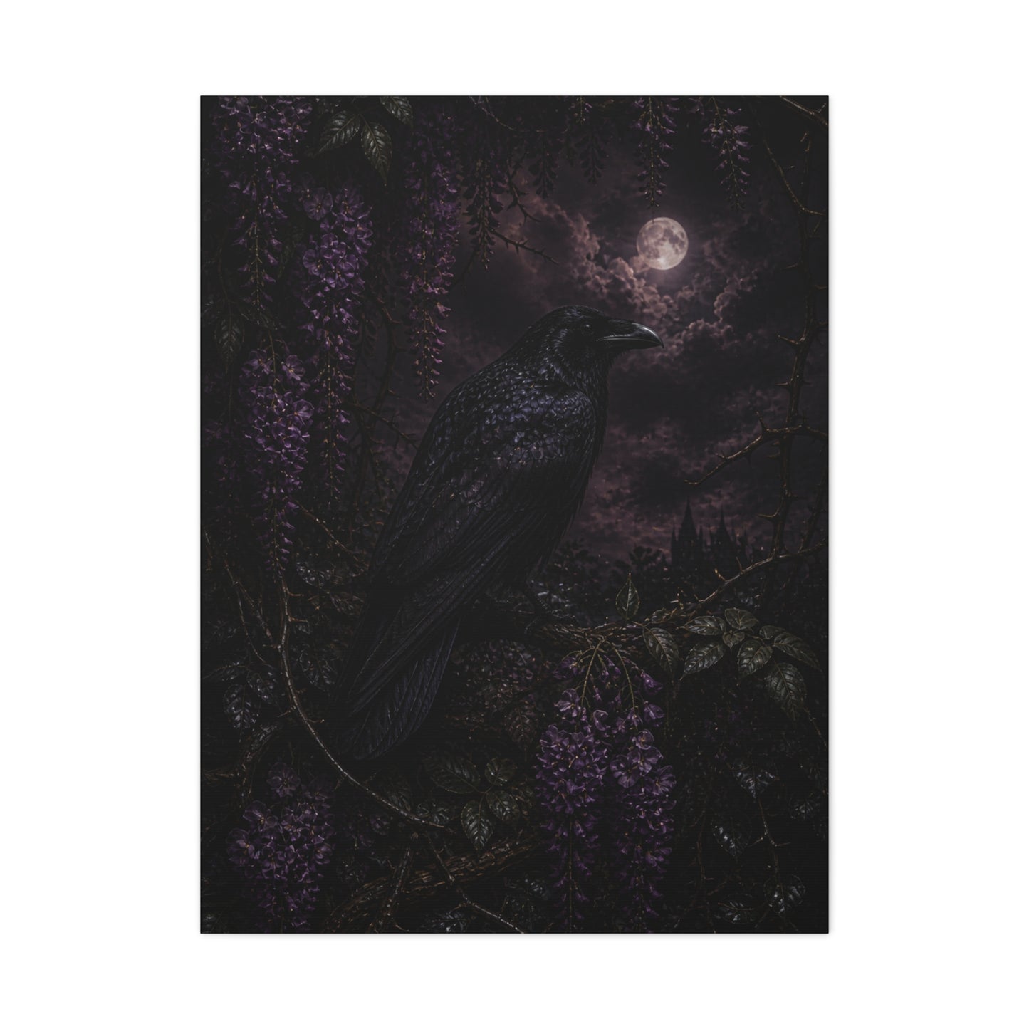 Raven in Wisteria Moonlit Scene Wall Art & Canvas Print