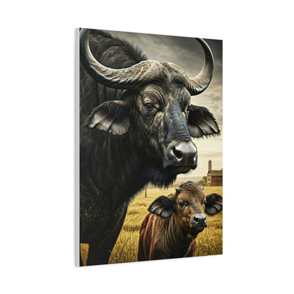Cape Buffalo Herd Leader with Savannah Background Wall Art & Canvas Print