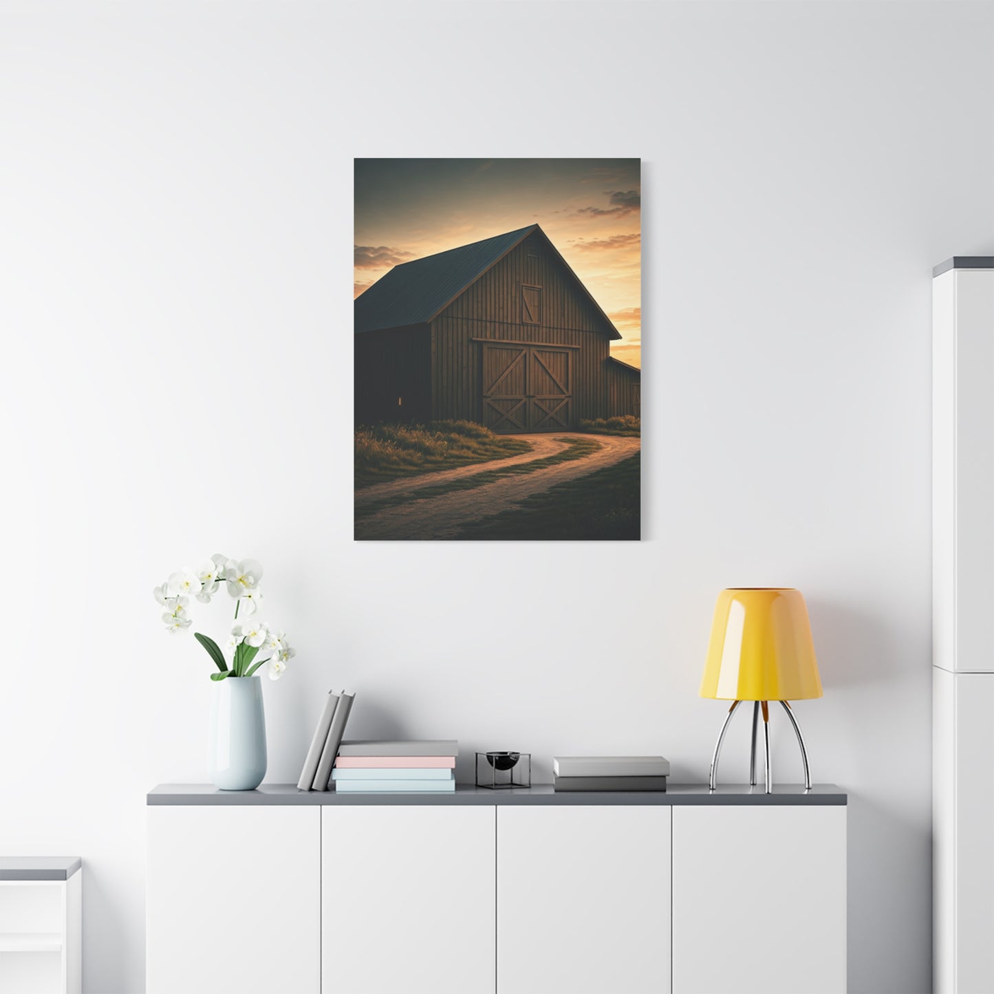 Country Road Barn at Dusk Wall Art & Canvas Prints