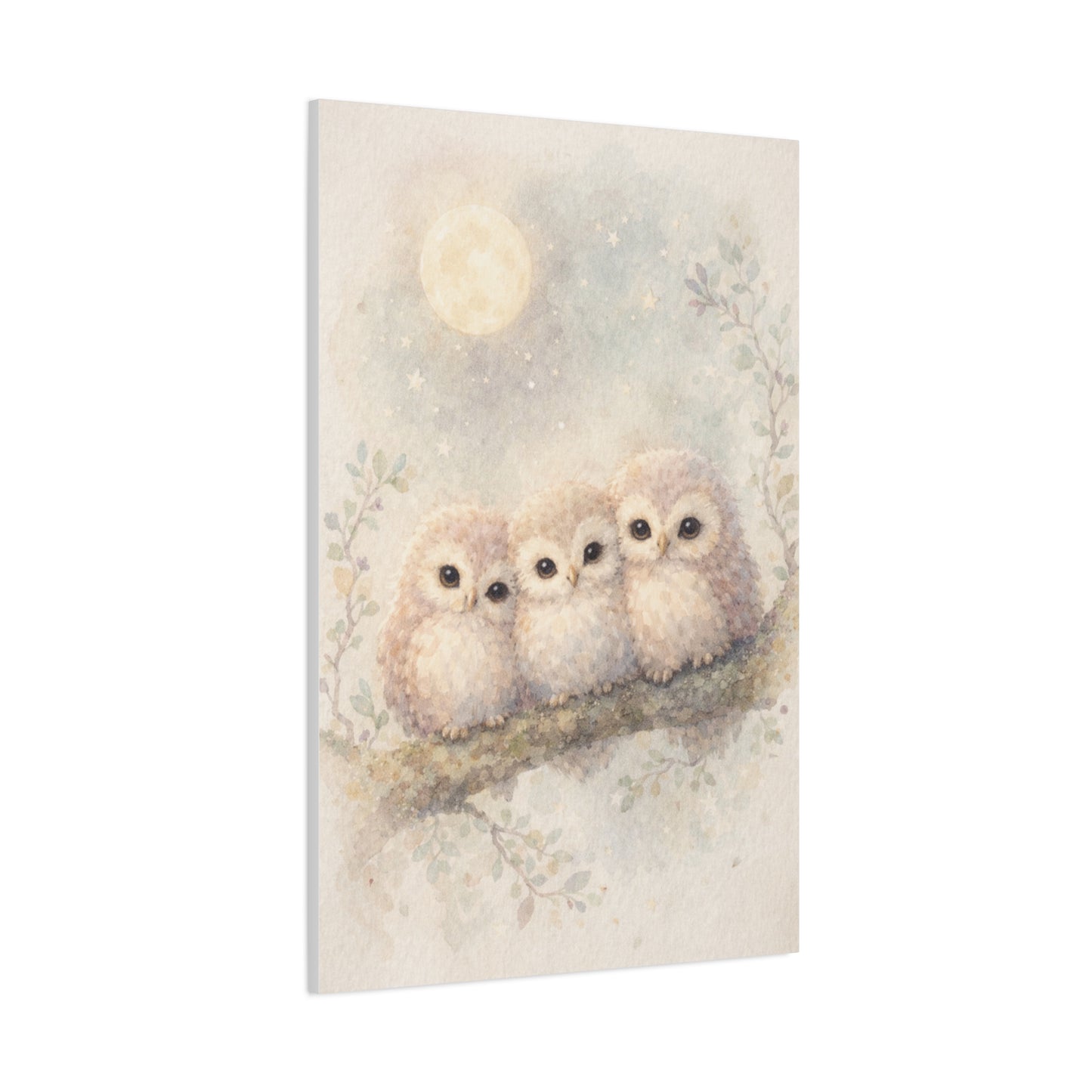 Moonlit Owlet Trio Watercolor Wall Art & Canvas Print