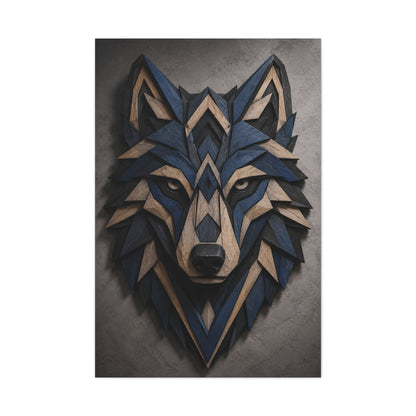 Layered Blue Geometric Wolf Head Sculpture Wall Art & Canvas Print