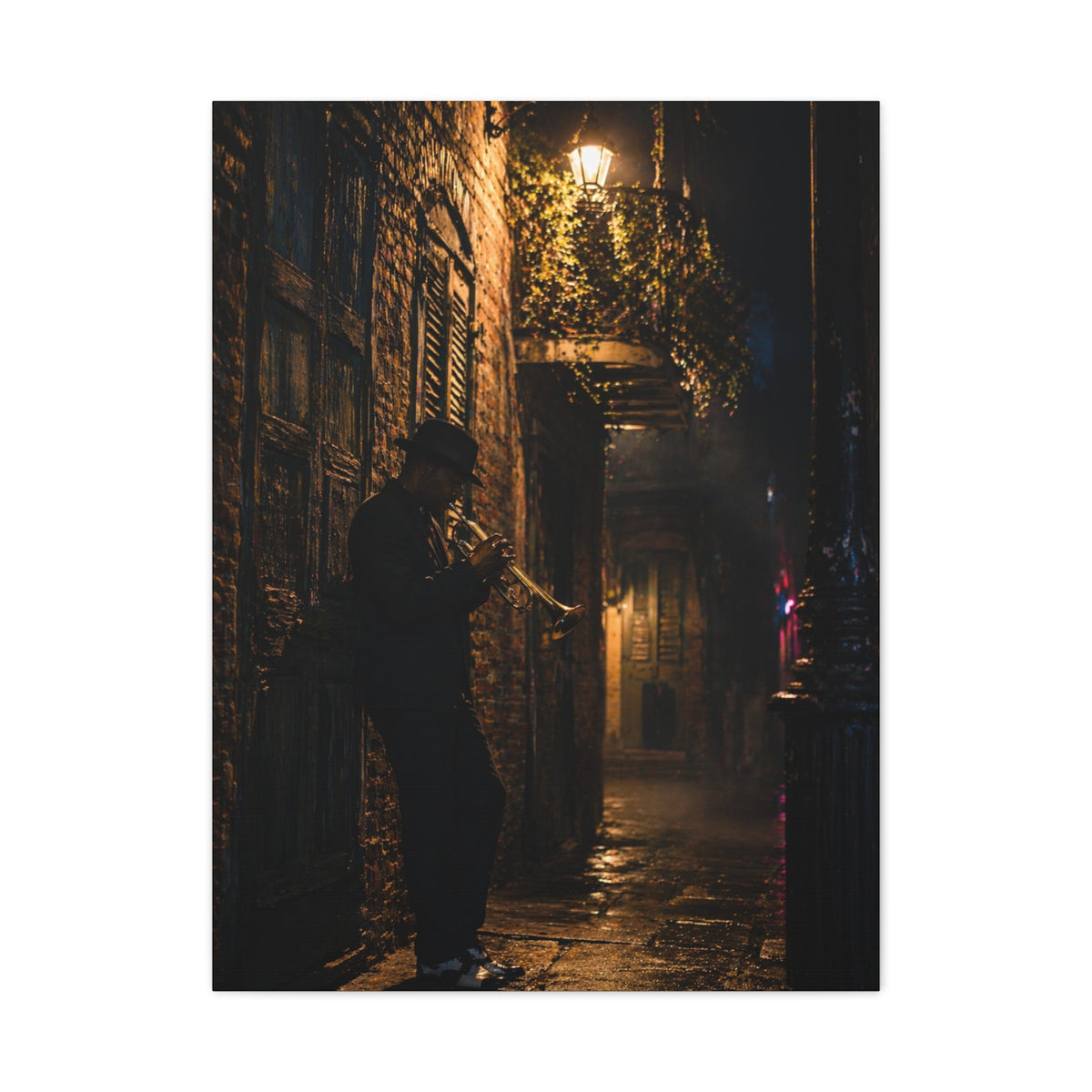 French Quarter Alley Trumpet Scene Wall Art & Canvas Print