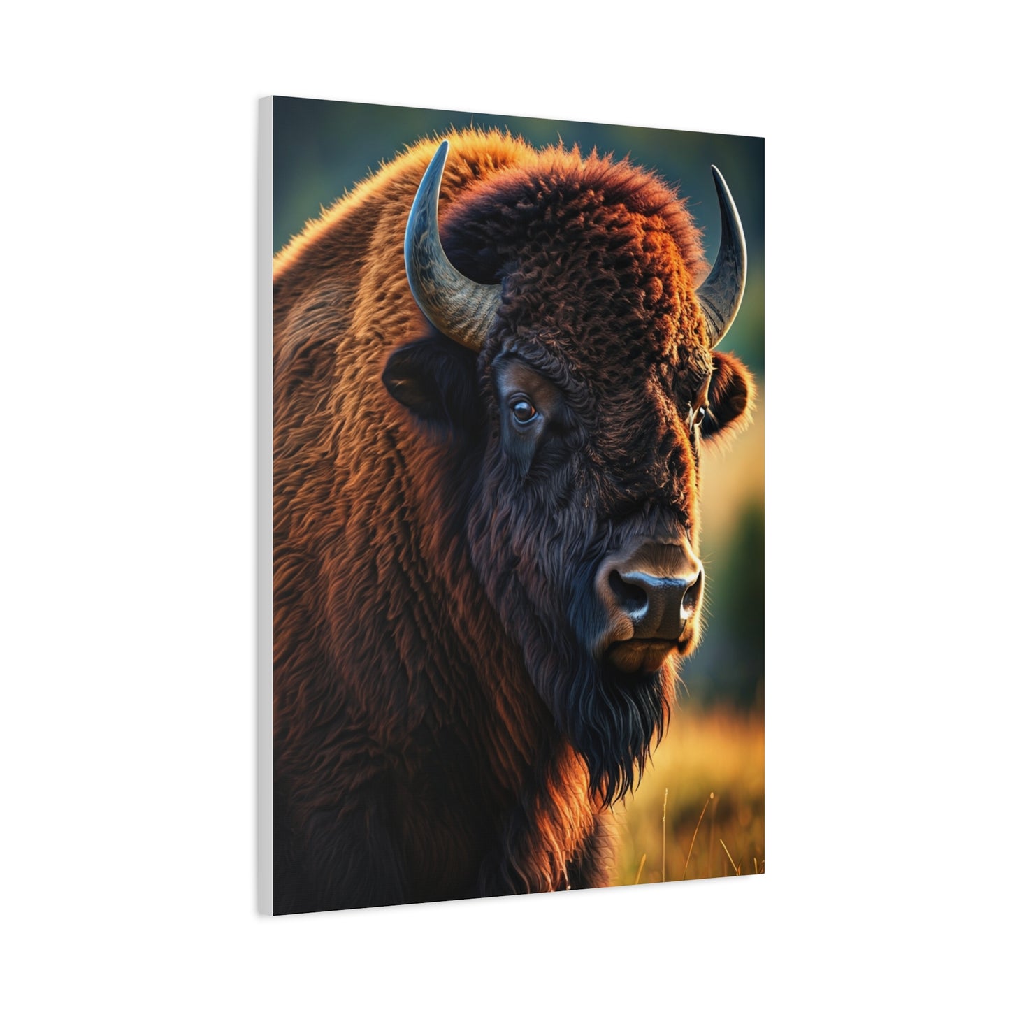 Golden Hour Bison Side Portrait with Warm Prairie Light Wall Art & Canvas Print
