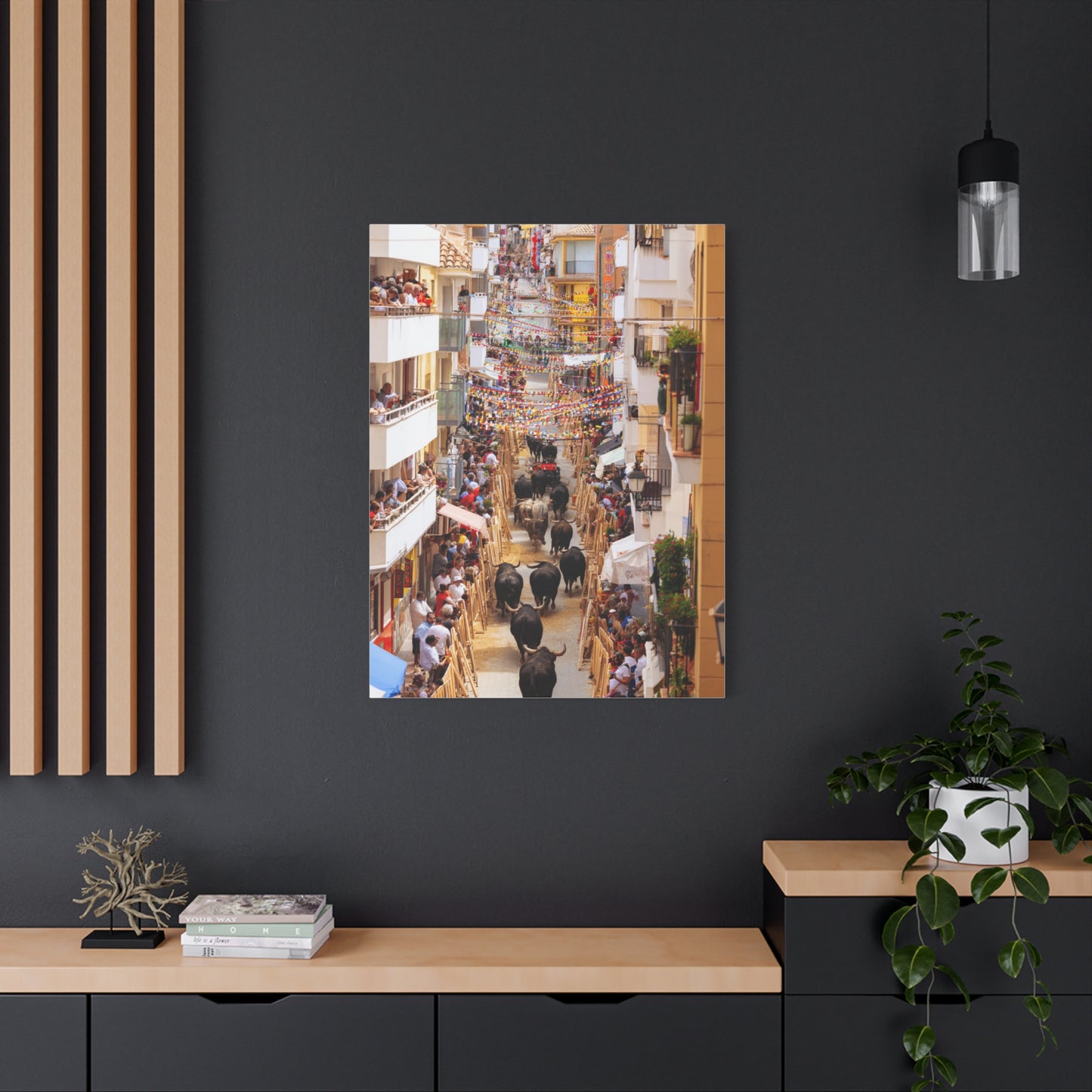 Spanish Village Bull Festival Street Scene Wall Art & Canvas Print