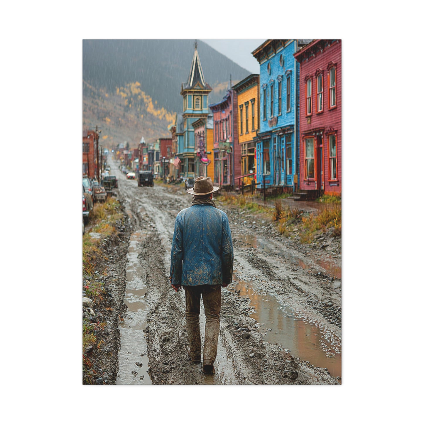 Lone Cowboy Walking Through a Rainy Frontier Street Wall Art & Canvas Print