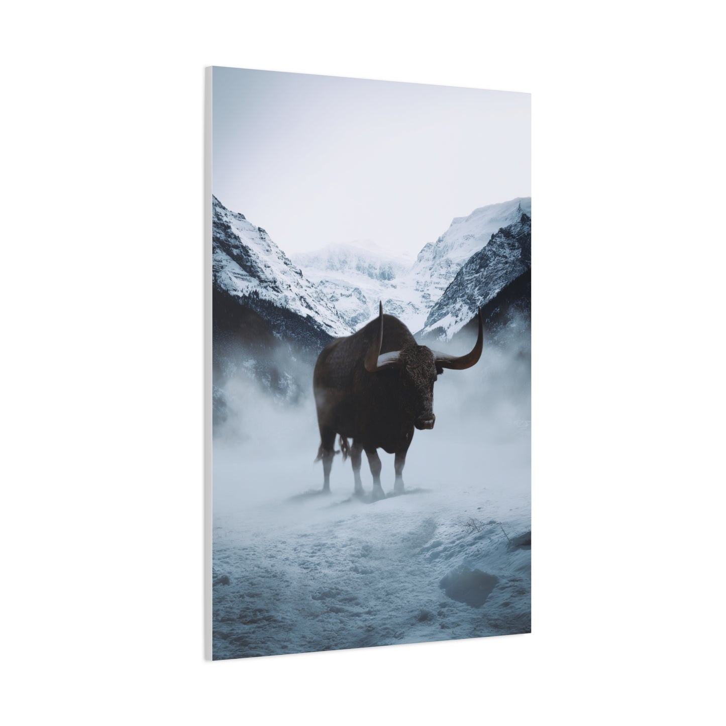 Lone Bull in Snowy Mountain Valley Wall Art & Canvas Print