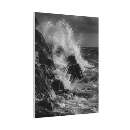 Monochrome Ocean Impact Rock Scene Wall Art & Canvas Print
