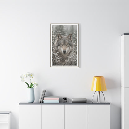 Snow Forest Gray Wolf Framed Portrait Wall Art & Canvas Print