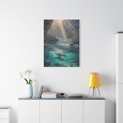 Dolphins Swimming Beneath Sunlit Coastal Waters Wall Art & Canvas Print