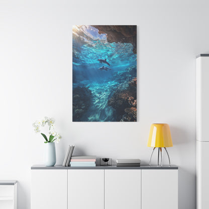 Dolphins Swimming Beneath Sunlit Ocean Waters Wall Art & Canvas Print