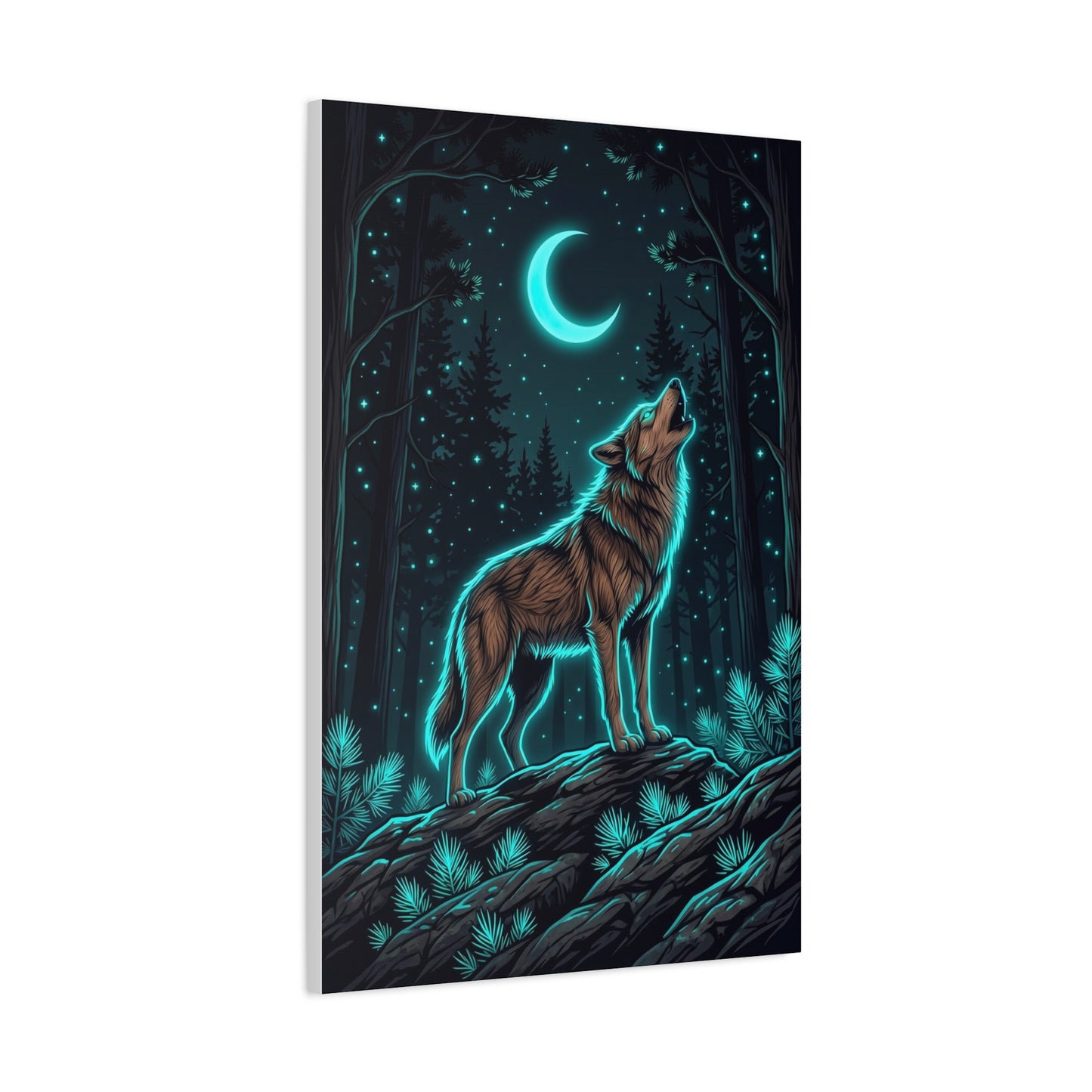Moonlit Forest Wolf Neon Outline Scene Wall Art & Canvas Print