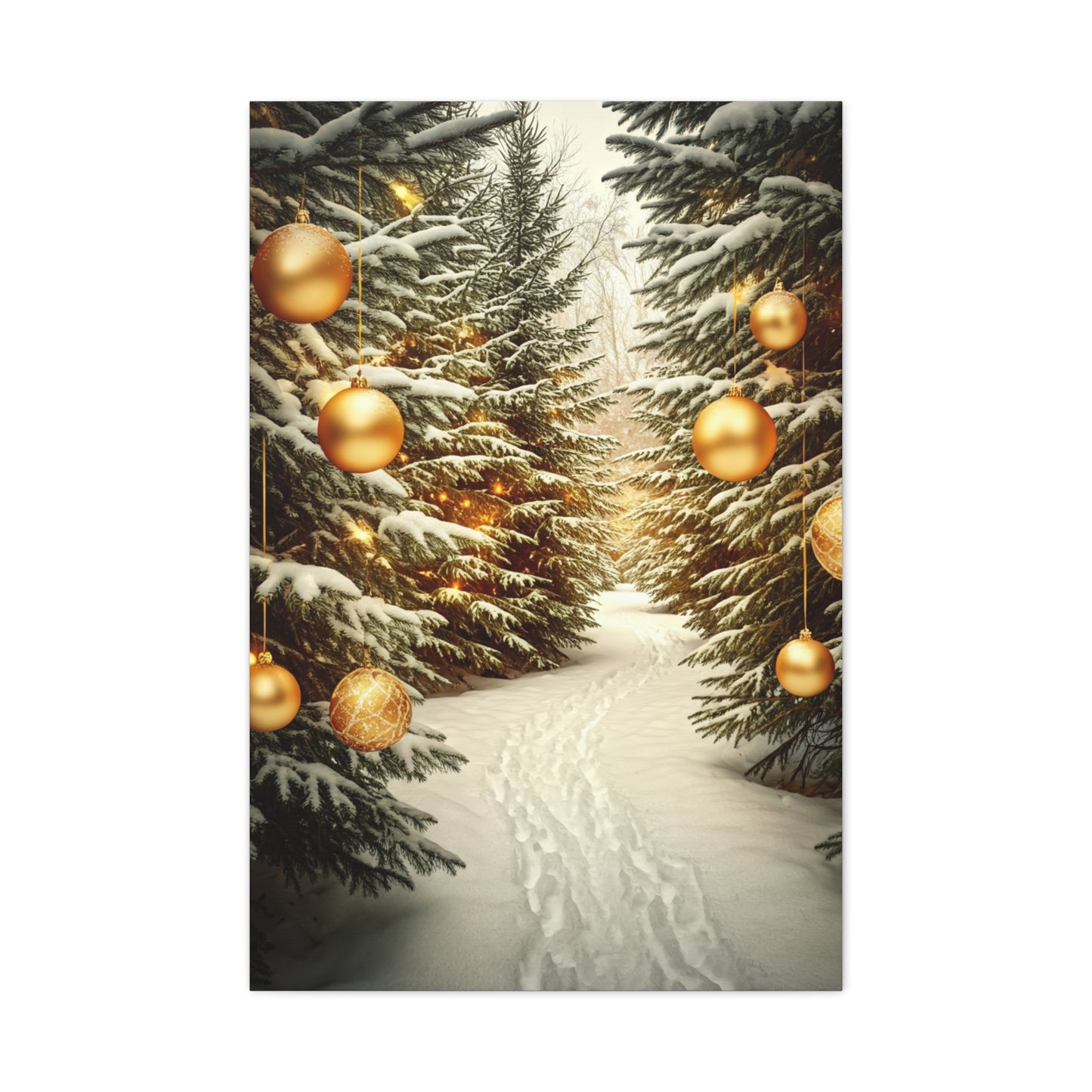 Snowy Pine Path With Golden Christmas Ornaments Wall Art & Canvas Print