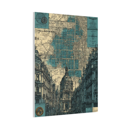 Vintage City Map Architectural Collage Wall Art & Canvas Print
