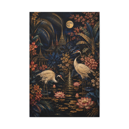 Moonlit Tropical Chinoiserie Crane Garden Tropical Wall Art & Canvas Print