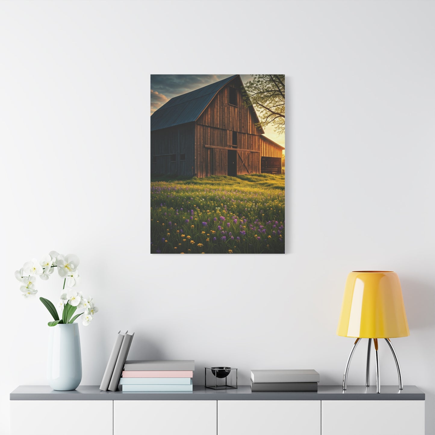 Wildflower Meadow Barn at Sunrise Wall Art & Canvas Prints