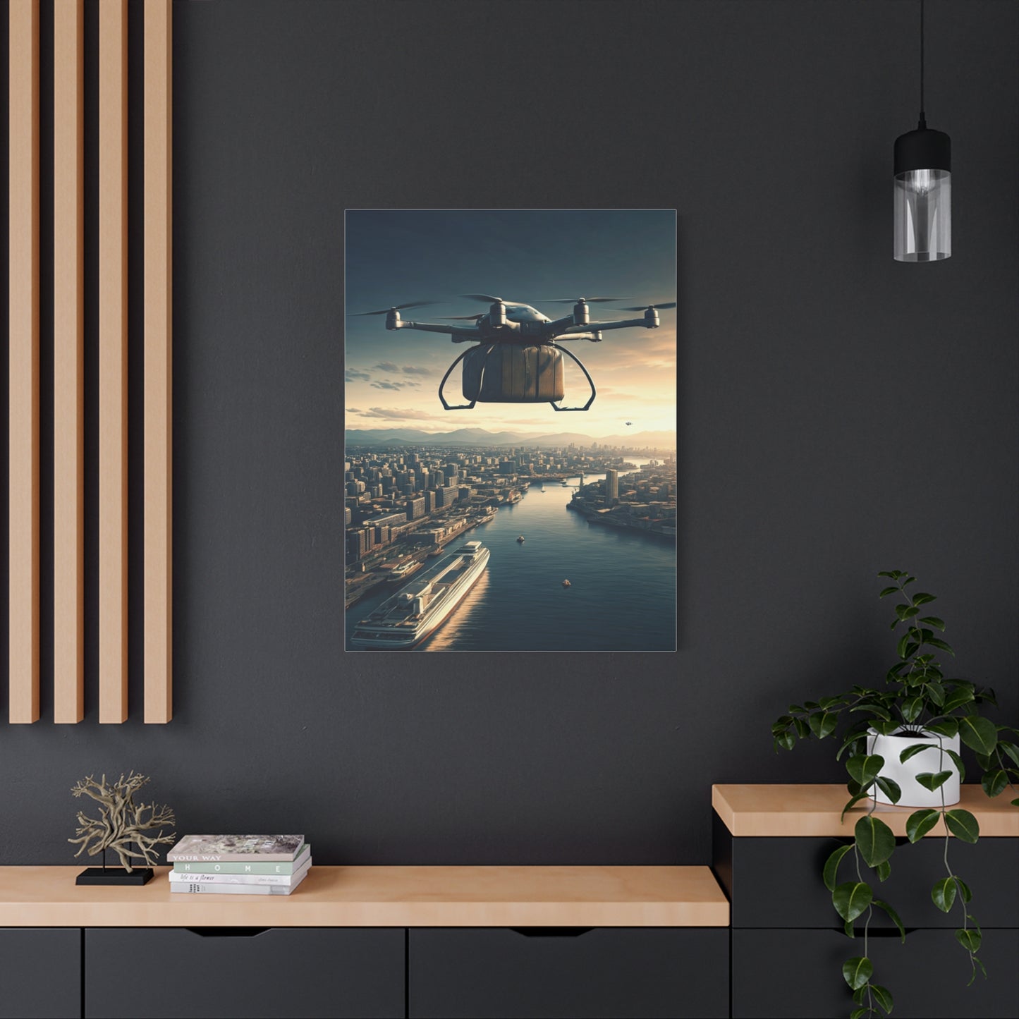 Futuristic Delivery Drone Over City Wall Art & Canvas Prints