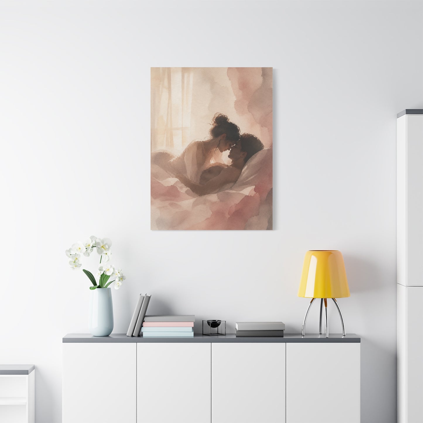 Soft Watercolor Lovers Sunrise Embrace Wall Art & Canvas Print