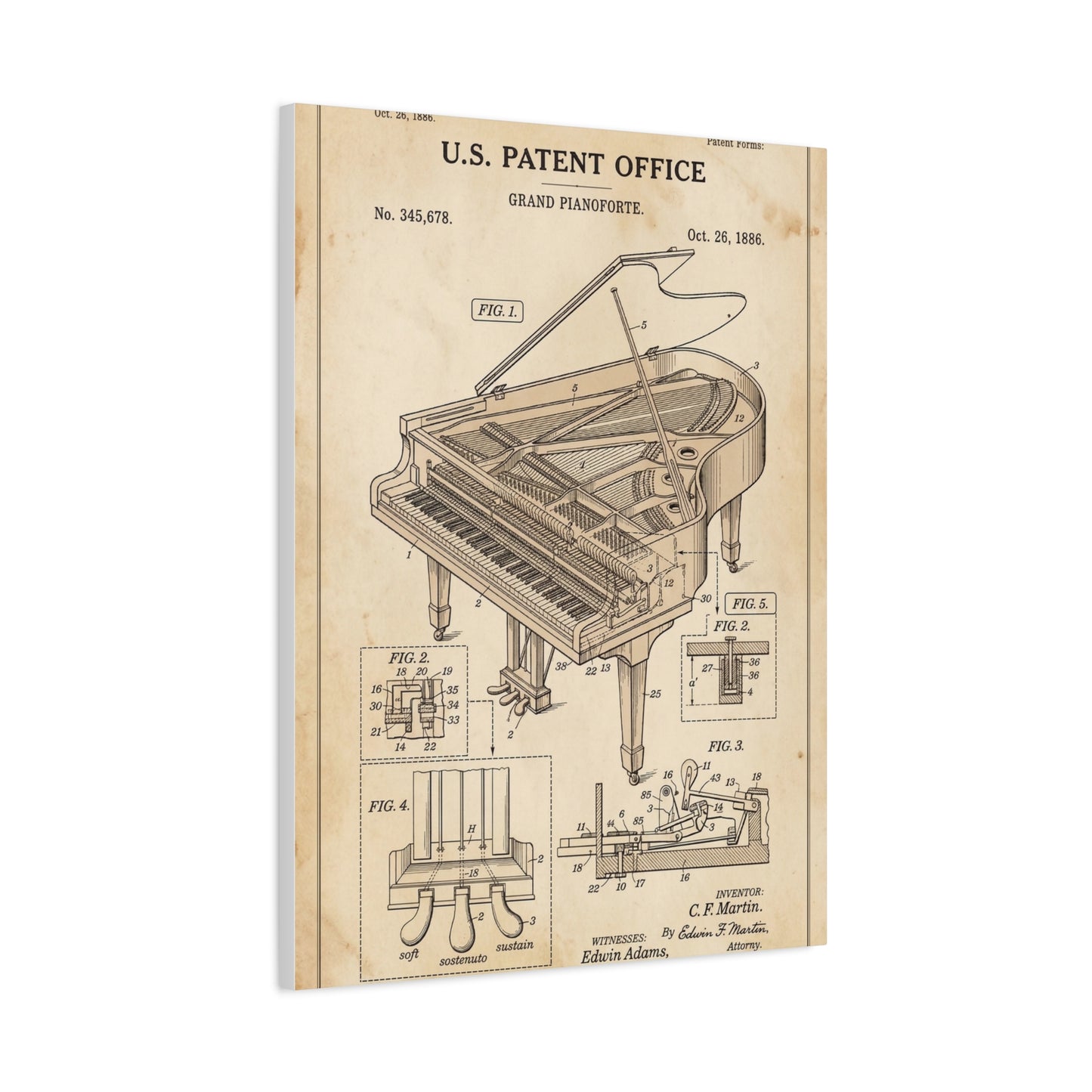 Vintage Grand Piano Patent Illustration Wall Art & Canvas Print