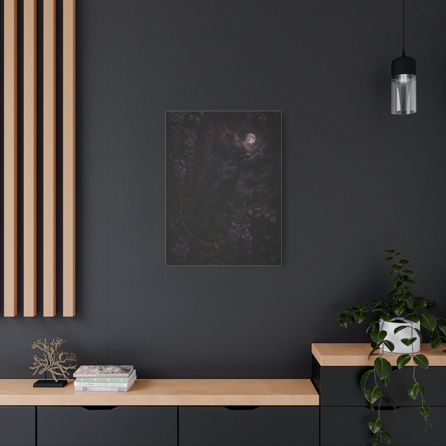 Raven in Wisteria Moonlit Scene Wall Art & Canvas Print