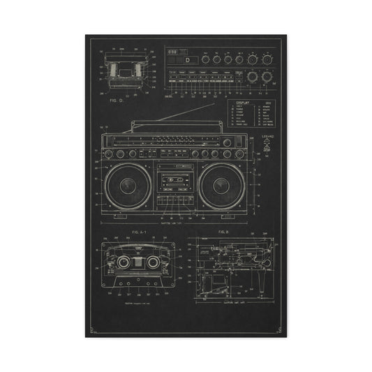 Vintage Boombox Blueprint Illustration Wall Art & Canvas Print