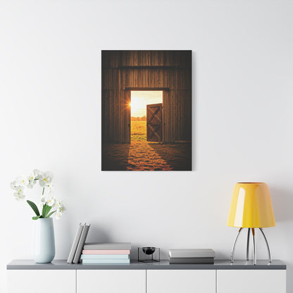 Open Barn Door at Sunrise Wall Art & Canvas Prints