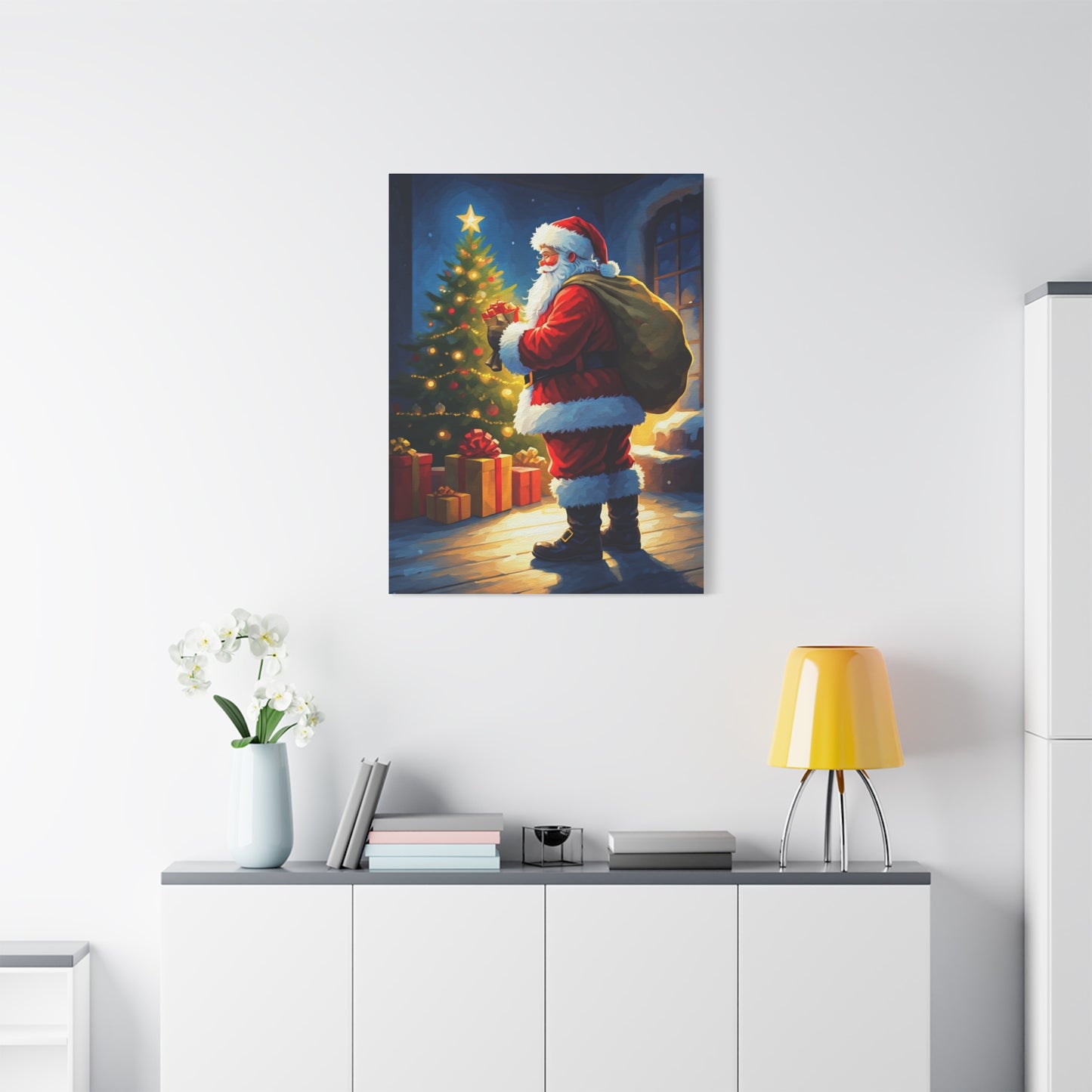 Painted Santa Delivering Gifts at Christmas Night Wall Art & Canvas Print