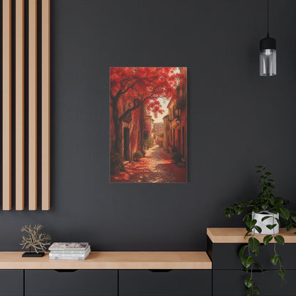 Autumn Red Blossom Street Scene Wall Art & Canvas Print