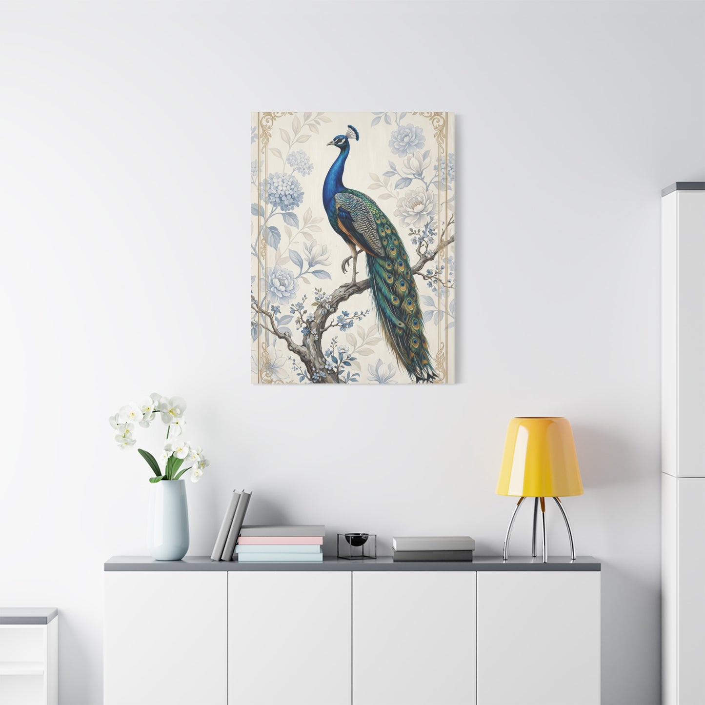 Elegant Blue Botanical Peacock Wall Art & Canvas Print