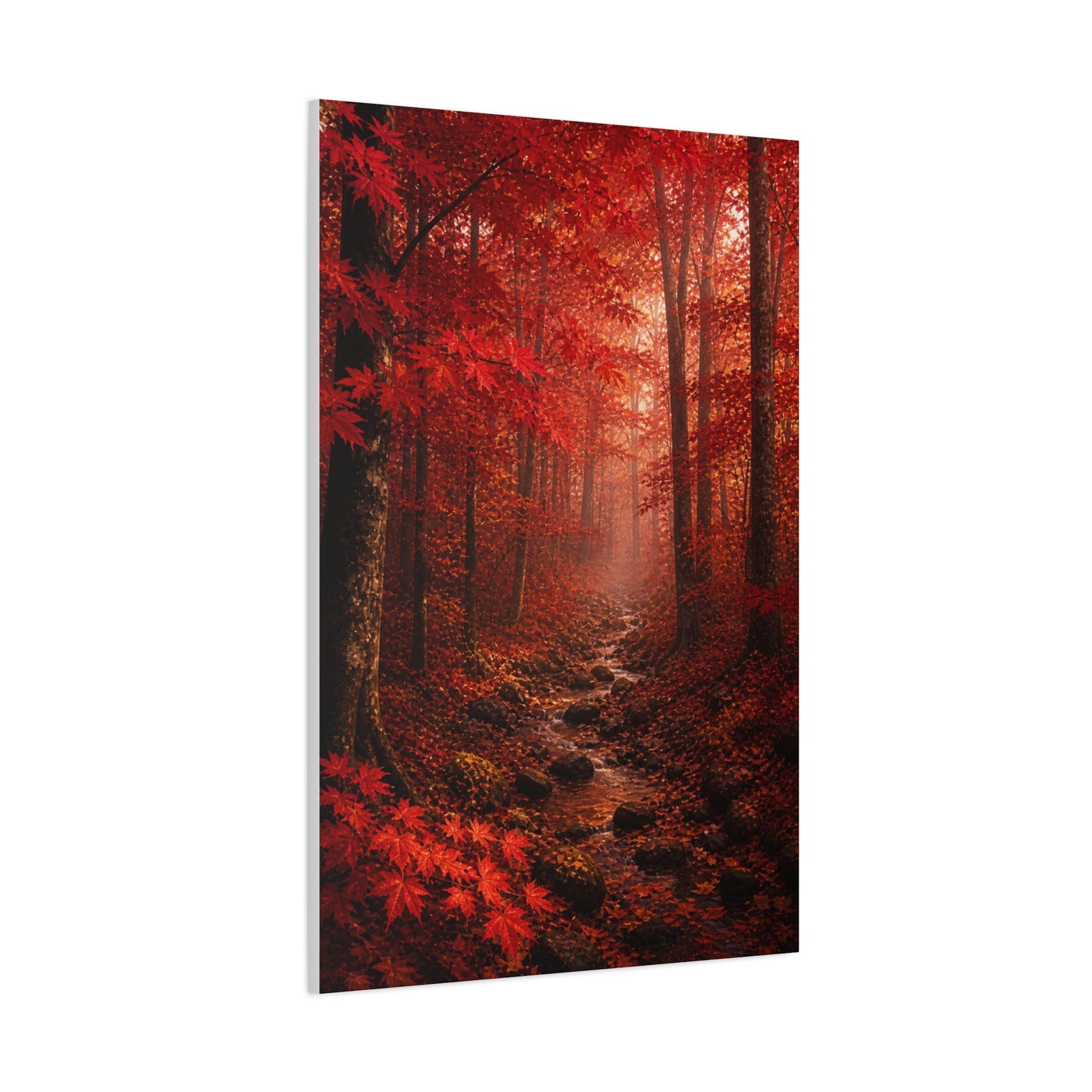 Crimson Autumn Forest Stream Wall Art & Canvas Print