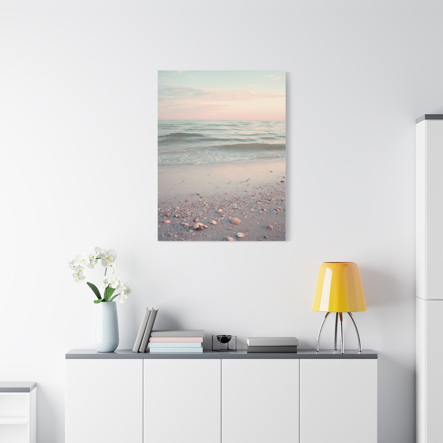 Pastel Sunrise Beach with Seashell Shore Wall Art & Canvas Print