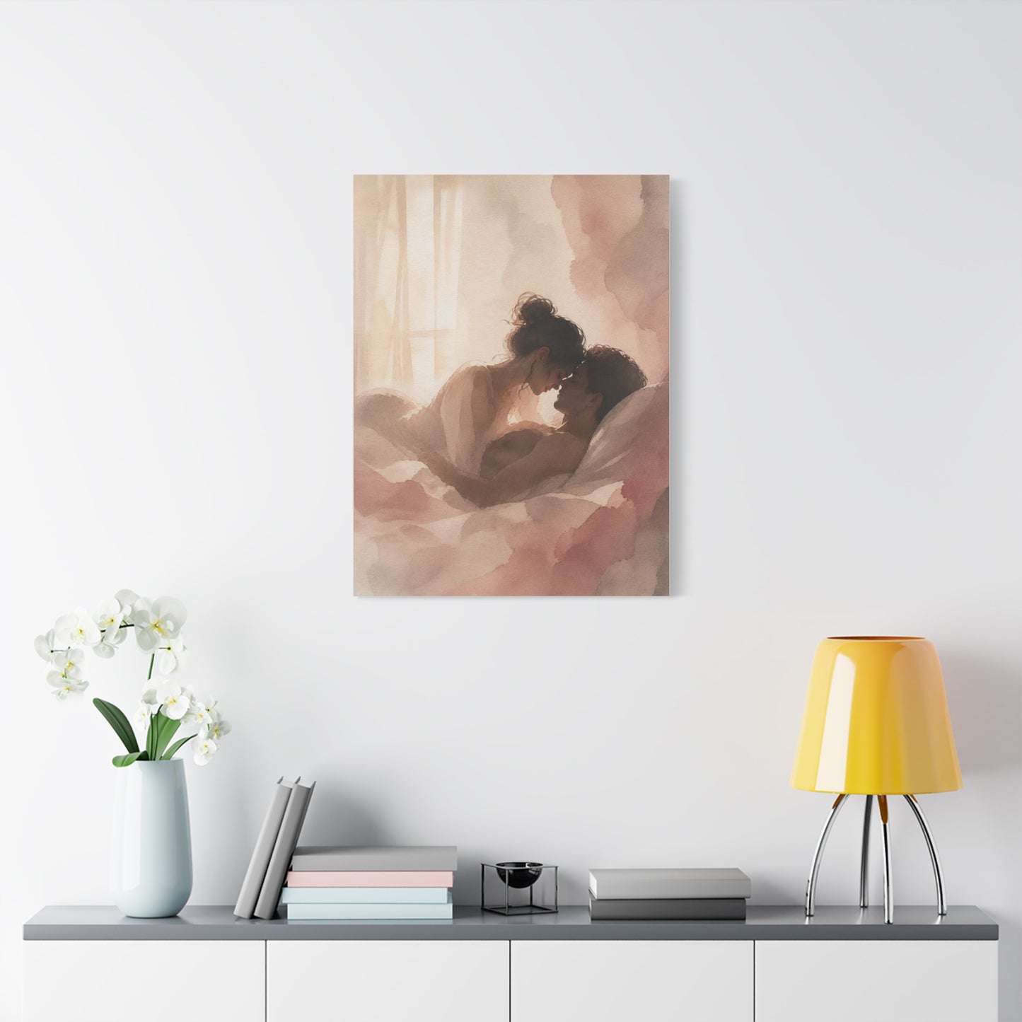 Soft Watercolor Lovers Sunrise Embrace Wall Art & Canvas Print