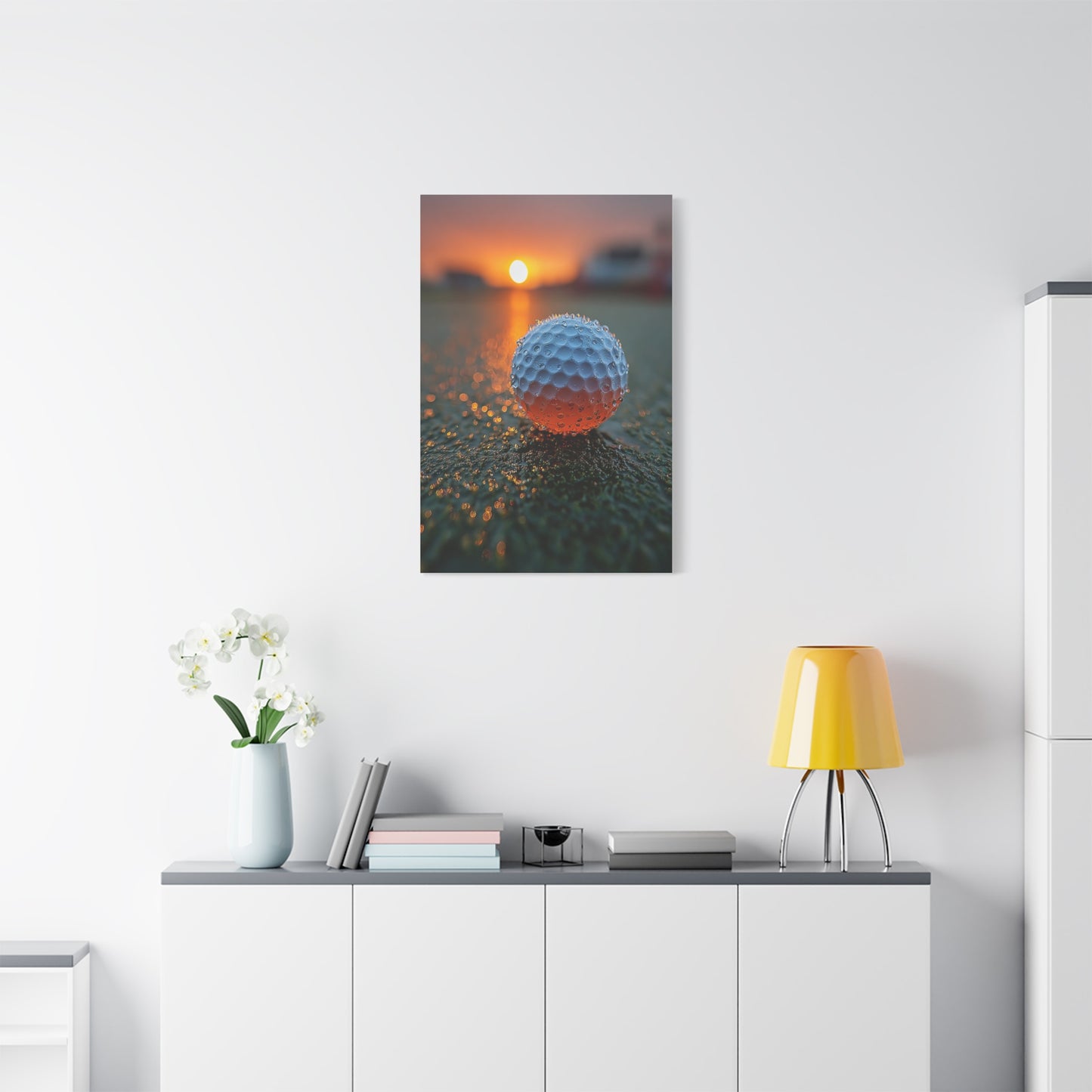 Dew-Covered Golf Ball Sunrise Macro Wall Art & Canvas Print